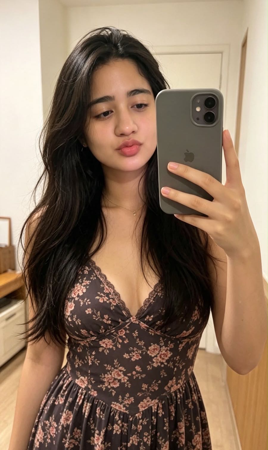 Dannita taking a mirror selfie in a floral dress